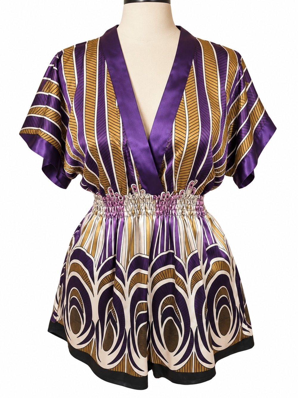 Blanco Spain Size 42 Purple Gold Satin Graphic Print Romper Playsuit
